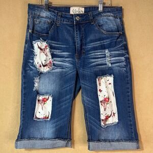 L&B Lucky & Blessed Women's Western Bull Skull Rodeo Bermuda Denim Shorts 14 EUC